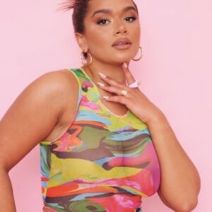 SHAPE MULTI SWIRL PRINT SHEER MESH ASYMMETRIC TOP